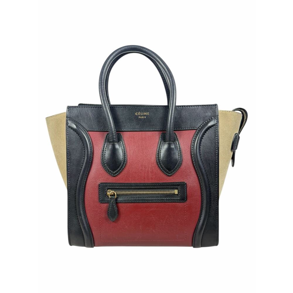 Celine Tricolor Mini Luggage Tote Bag Calf Leather Suede Rust Red Black - Picture 3 of 16